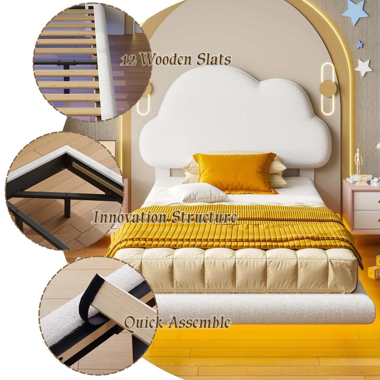 LIKIMIO Twin Bed Frames with LED Light, Floating Bed Frame with Upholstered Headboard, Solid Wooden Slats Support, No Box Spring Needed, White