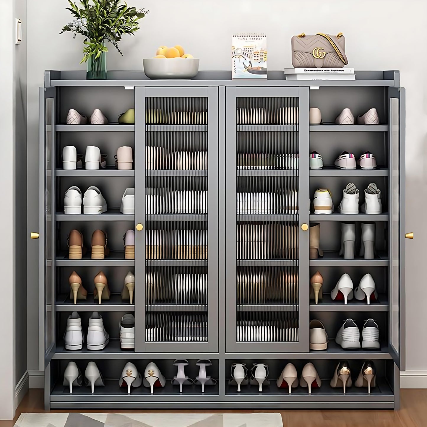 EOQIFJM Bamboo Shoe Cabinet with Door, 8 Tier Shoe Rack for Closet, Entryway Shoe Storage Cabinet for 36-40 Pairs, Shoes Rack Organizer for Living Room Hallway Entryway (Grey-1)