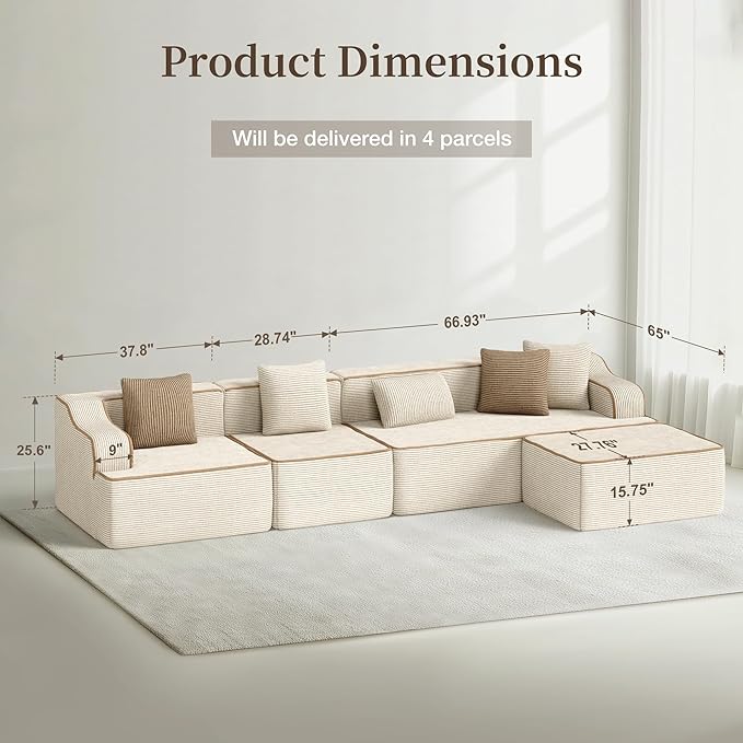 SUNSHINE VALLEY L Shaped Boneless Modular Cloud Couch, 133.5'' Oversized Corduroy Sectional Sofa for Living Room, 5-Seat Upholstered Modern Couch with Deep Seat, No Assembly Required, Beige