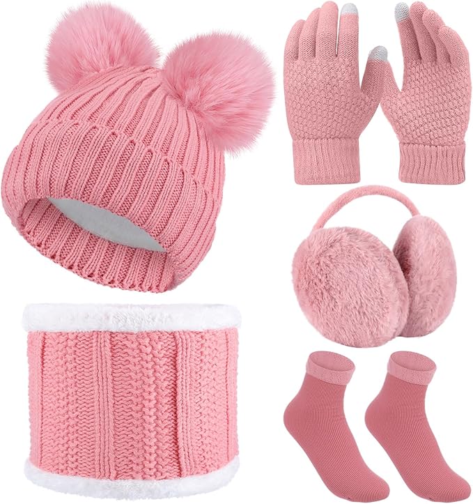 SATINIOR 5 Pcs Winter Hat Scarf Gloves Set Fleece Warm Lined Knit Beanie Hat Touch Screen Earmuff Gloves Warmer for Women(Pink,Cute Style)