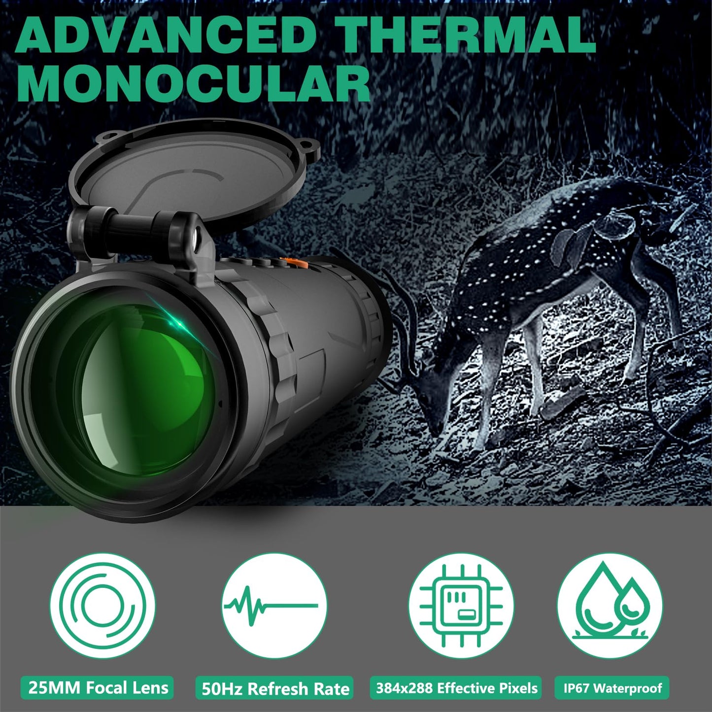 Night Vision Monocular 25mm 384x288 (50 Hz) Thermal Imaging Monoculars, 4X Digital Zoom, Detection 3620yd, 5 Mode, 7H+, No-Shutter Tech WiFi Heat Vision Infrared Imager for Hunting Camping