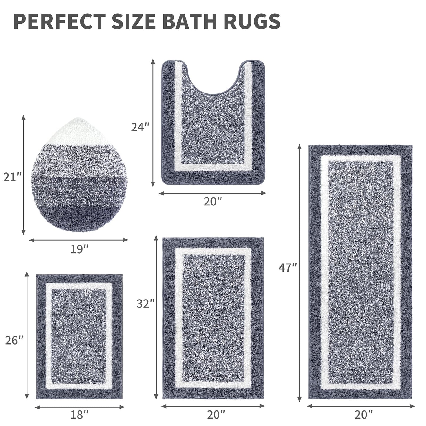 Pauwer Bathroom Rugs Set 5 Piece, Plush Absorbent Microfiber Bath Mats for Bathroom, Non Slip Washable Bath Rug Set with U Shaped Contour Toilet Rugs, Shower Rug and Toilet Lid Cover, Dark Grey