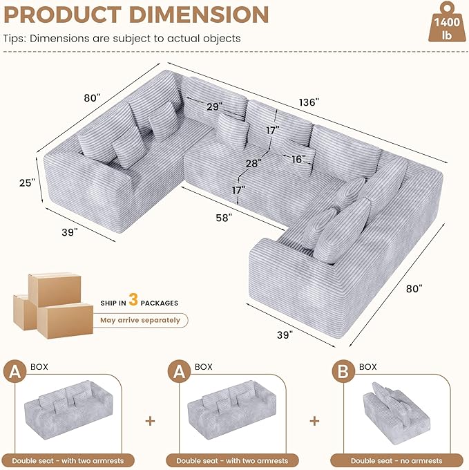 136'' Large Sectional Cloud Couches with Chaise, U Shaped Boneless Loveseat Sofa, No Assembly Required Deep Seat Modular Lounge for Living Room 3PCS Set, Bedroom(Light Grey)