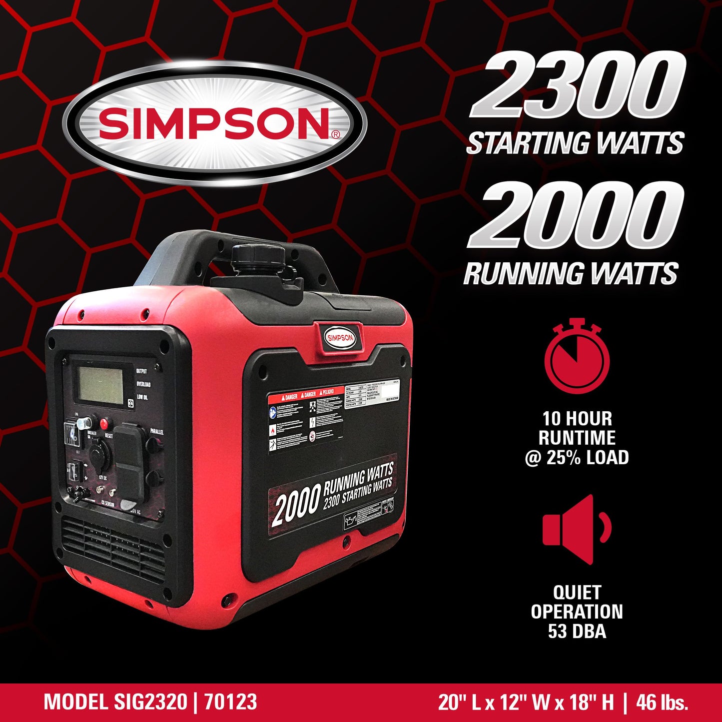 Simpson 2300 Watt Inverter Generator, Quiet Portable Inverter Generator with Handle, 2 GFCI Outlets for Power Tools, Camping, and Tailgating, 2000 Running Watts, Parallel Capable, CO Sensor (SIG2320)