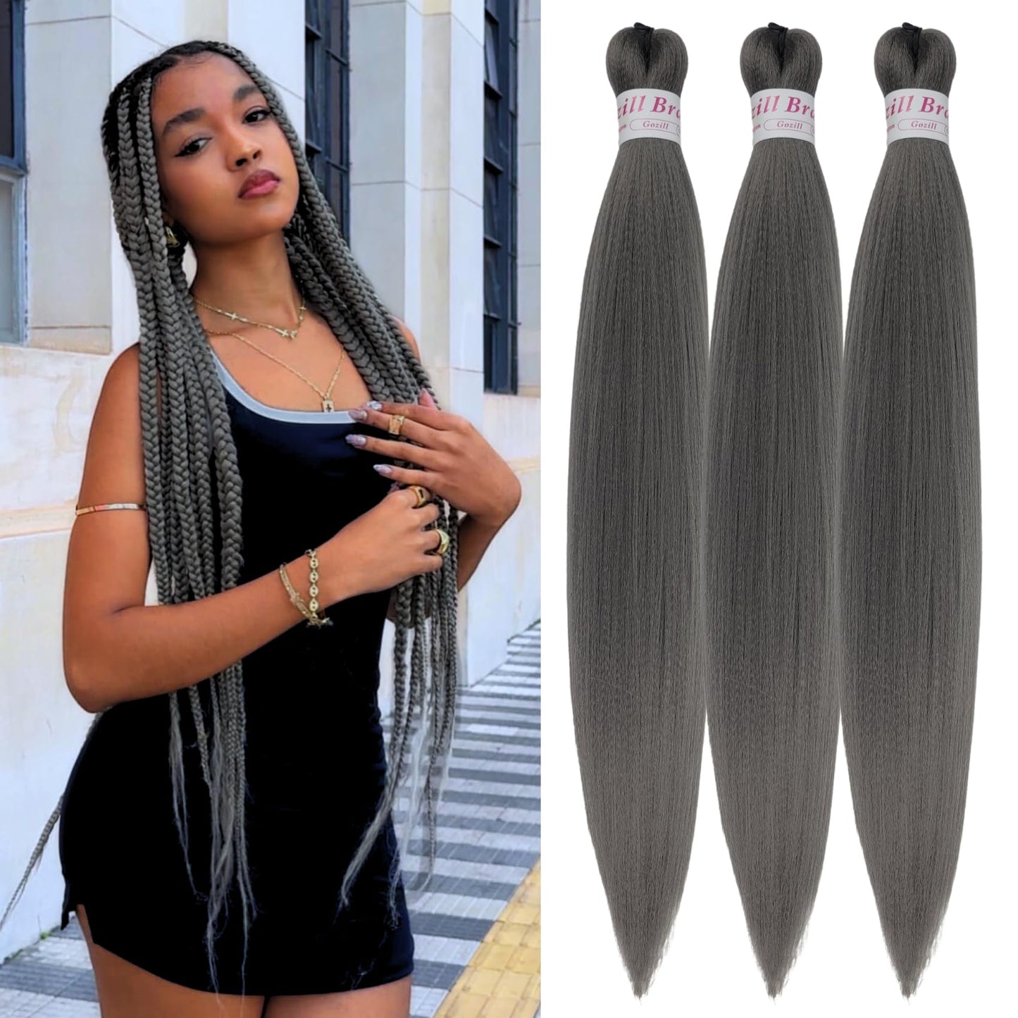 Grey Braiding Hair Pre Stretched Knotless Braiding Hair 26Inch Synthetic Box Braids Hair for Braiding