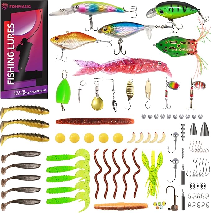 FONMANG 322-Piece Fishing Lures Kit - Buzz Bait/Spinner Baits/Jig/Frog, Fishing Tackle Box with Tackle Included, Soft Bai...