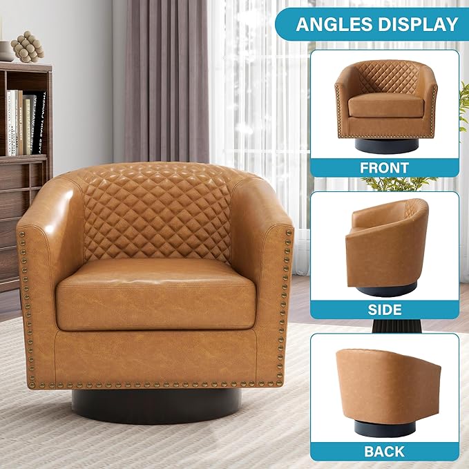 UIXE Faux Leather Swivel Barrel Accent Chair, Upholstered Round Armchair Club Chair for Living Room, Comfy Single Sofa Bedroom Reading Seat - Coffee
