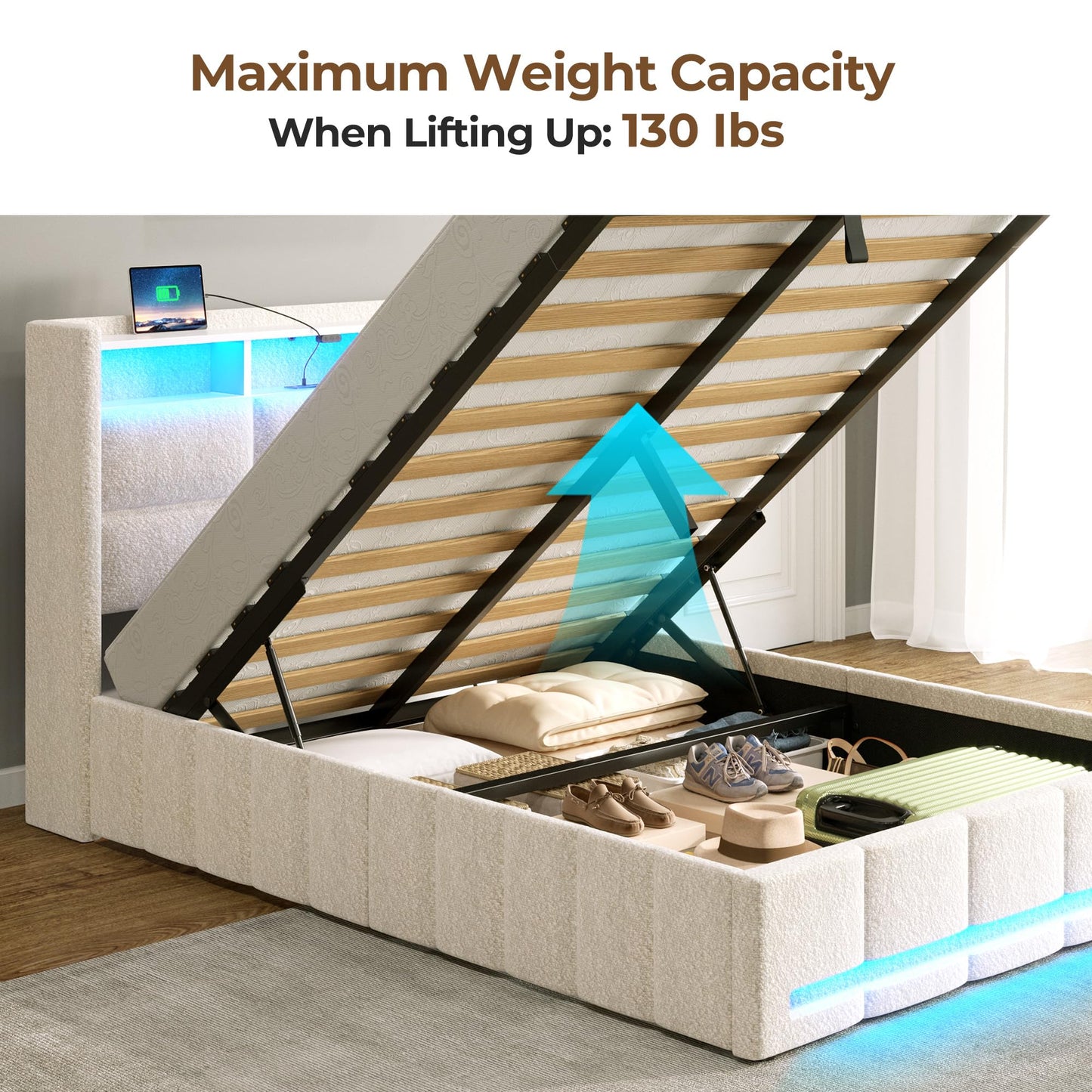 Rolanstar Bed Frame Twin Size with Lift Up Storage, Charging Station & LED Lights, Upholstered Storage Headboard, Heavy Duty Wooden Slats, No Box Spring Needed, Noise Free, Easy Assembly, Beige