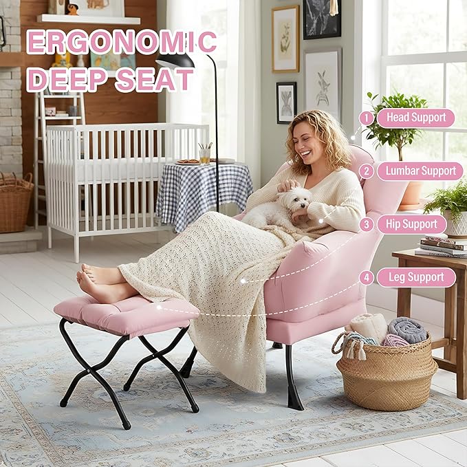 Furlide Lazy Chair with Ottoman, Modern Lounge Chair with Lumbar Pillow, Accent Cozy Reading Armchair and Folding Footstool for Bedroom, Dorm, Living Room,Pink