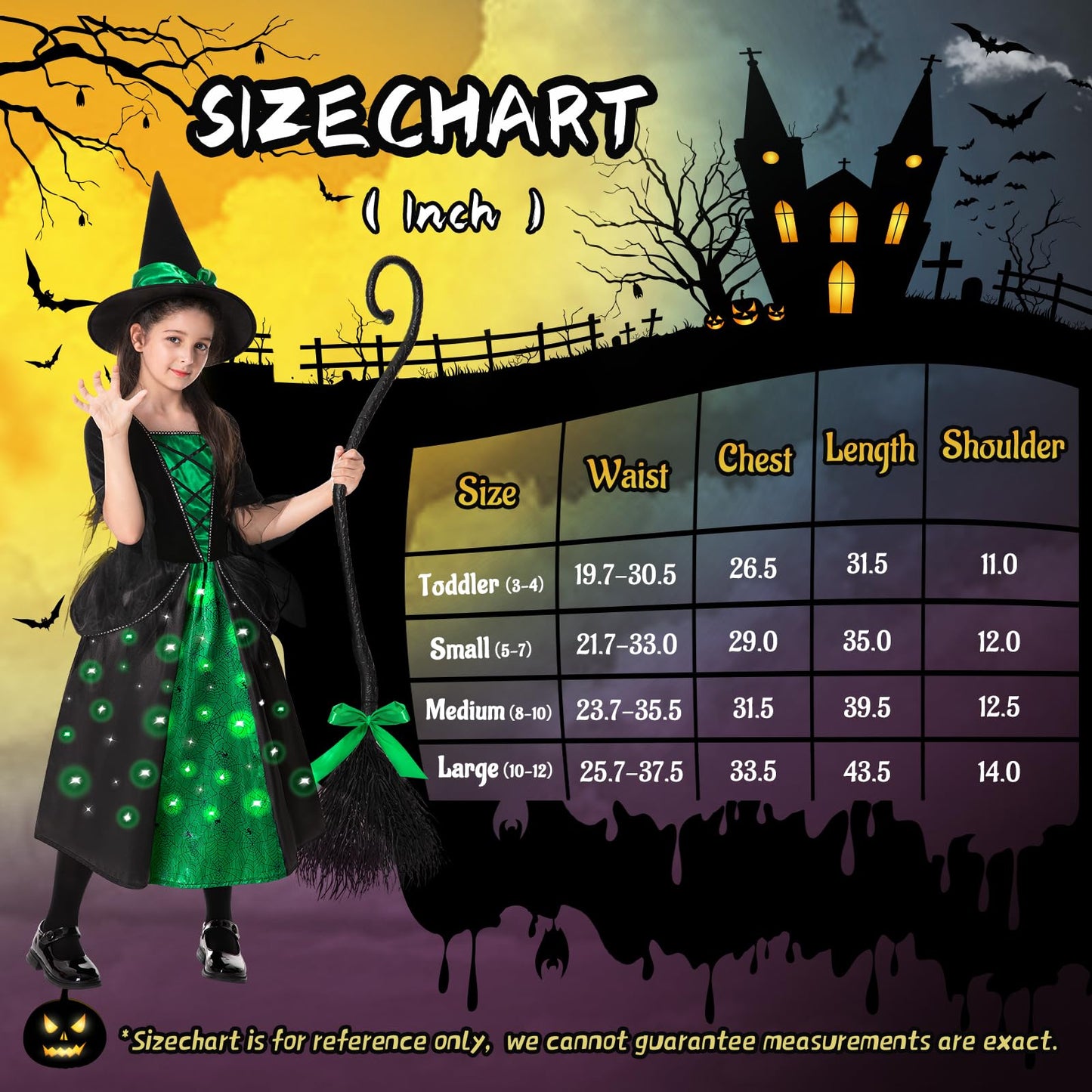 Poshetion Witch Halloween Costumes for Girls, Toddler Light Up Witch Dress with Witch Broom and Hat, Kids Witch Costume Glow in the Dark for Wicked Halloween Dress-Up Party (Green-T)