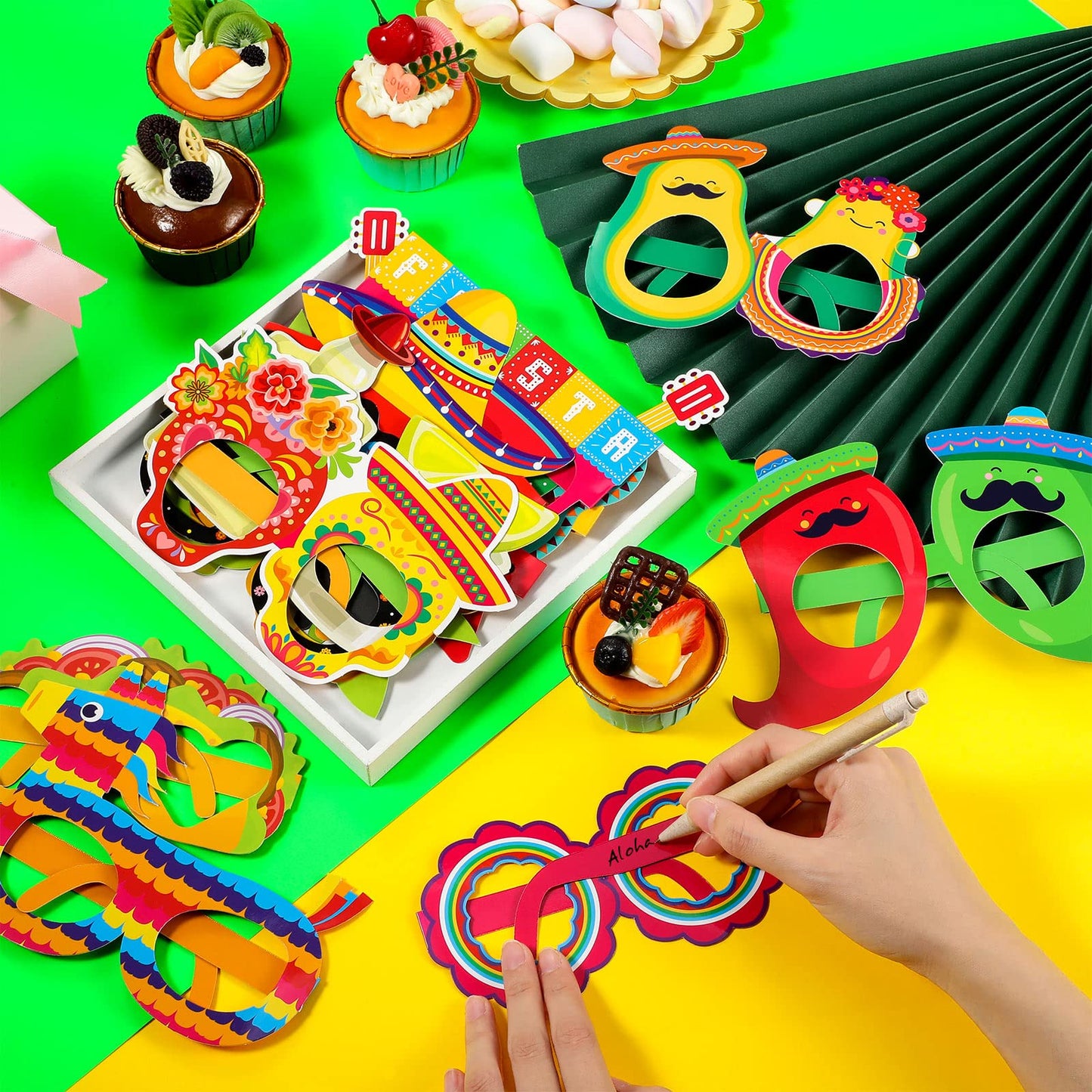 Honoson 32 Pcs Mexican Fiesta Party Decorations Paper Eyeglasses Taco Cactus Pinata Cinco De Mayo Costume Photo Booth Props Supplies for Taco Twosday Birthday Let's Fiesta Favor