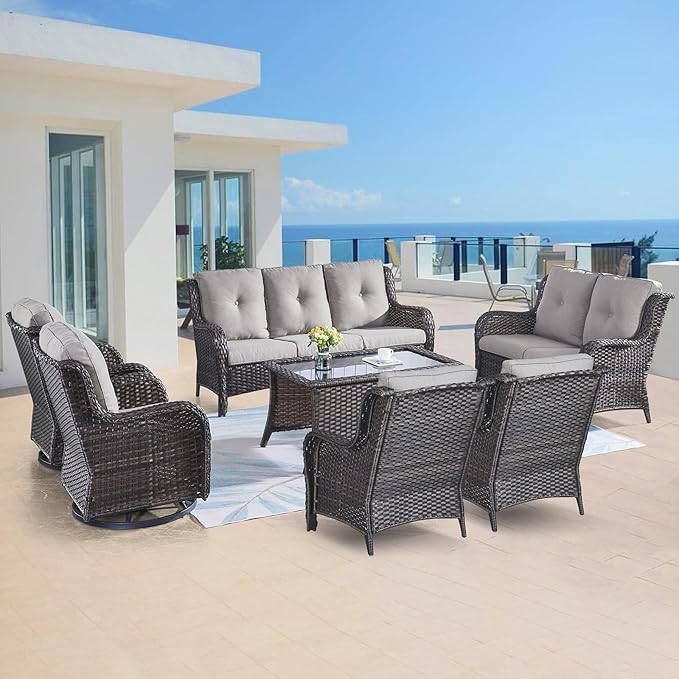 Belord Outdoor Wicker Furniture Patio Set - 7 Piece Backyard Furniture Brown Rattan Conversation Sets with Swivel Rocker Chairs, Rattan Sofa, Club Chairs and Coffee Table, Grey Cushion