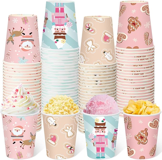 Maxcheck 100 Pcs Pink Christmas Paper Cups 9 oz Disposable Pink Snowflakes Elk Xmas Coffee Cups Hot Drink for Xmas Holiday...