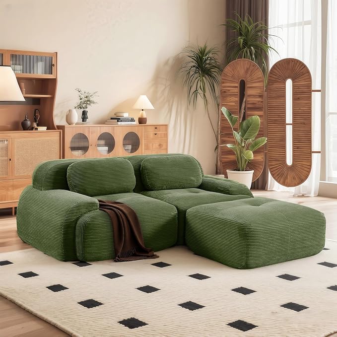 SoarFlash 81” Sectional Cloud Boneless Sofa Couches for Living Room-2 Seater L-Shaped Modern Lounge Couch-No Assembly Modular Corduroy Convertible Sponge Sleeper Sofas with Chaise for Home House,Green