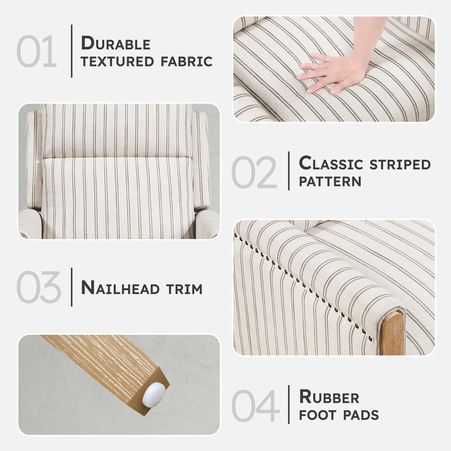 Lexicon Pushback Recliner Chair, Striped Textured Fabric Accent Armchair, Push Back Recliner, Nailhead Trim, Solid Wood Legs, Easy Assembly for Living Room/Office/Apartment, White/Grey