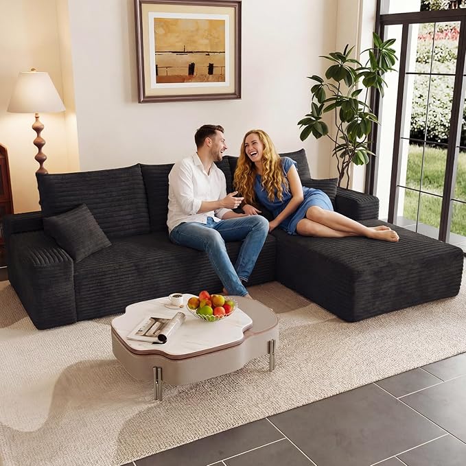 95" Cloud Sectional Couch with L-Shape Chaise, Modern Corduroy Boneless Couch for Living Room,Memory Foam Sofa with Deep Seat,No Assembly Required (Black,Right-Facing Chaise)