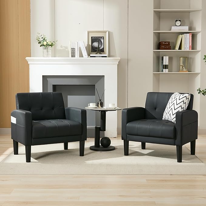 TYBOATLE Accent Chair Set of 2 Living Room Chairs Cozy Tufted Mid Century Modern Black Accent Chairs with Arms for Bedroom Comfy Reading Arm Chair Small Chairs for Small Spaces Office(2, Black)