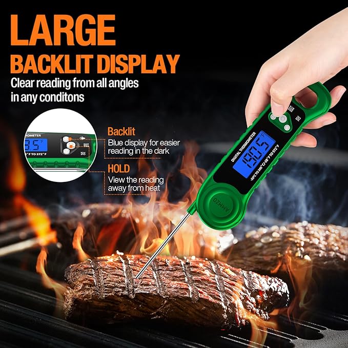 Digital Meat Thermometer for Grilling, Candy Thermometer Instant Read Food Thermometer Waterproof with Backlight for Cooking, Deep Fry, BBQ, Grill, Smoker and Roast (Green)