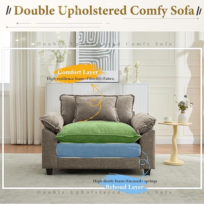 URRED Modular Sectional Sofa Comfy Cloud Couch, Modern Chenille Sofa Sleeper Deep Seat Couches with Ottoman/Pillows for Living Room (Khaki, 53'')