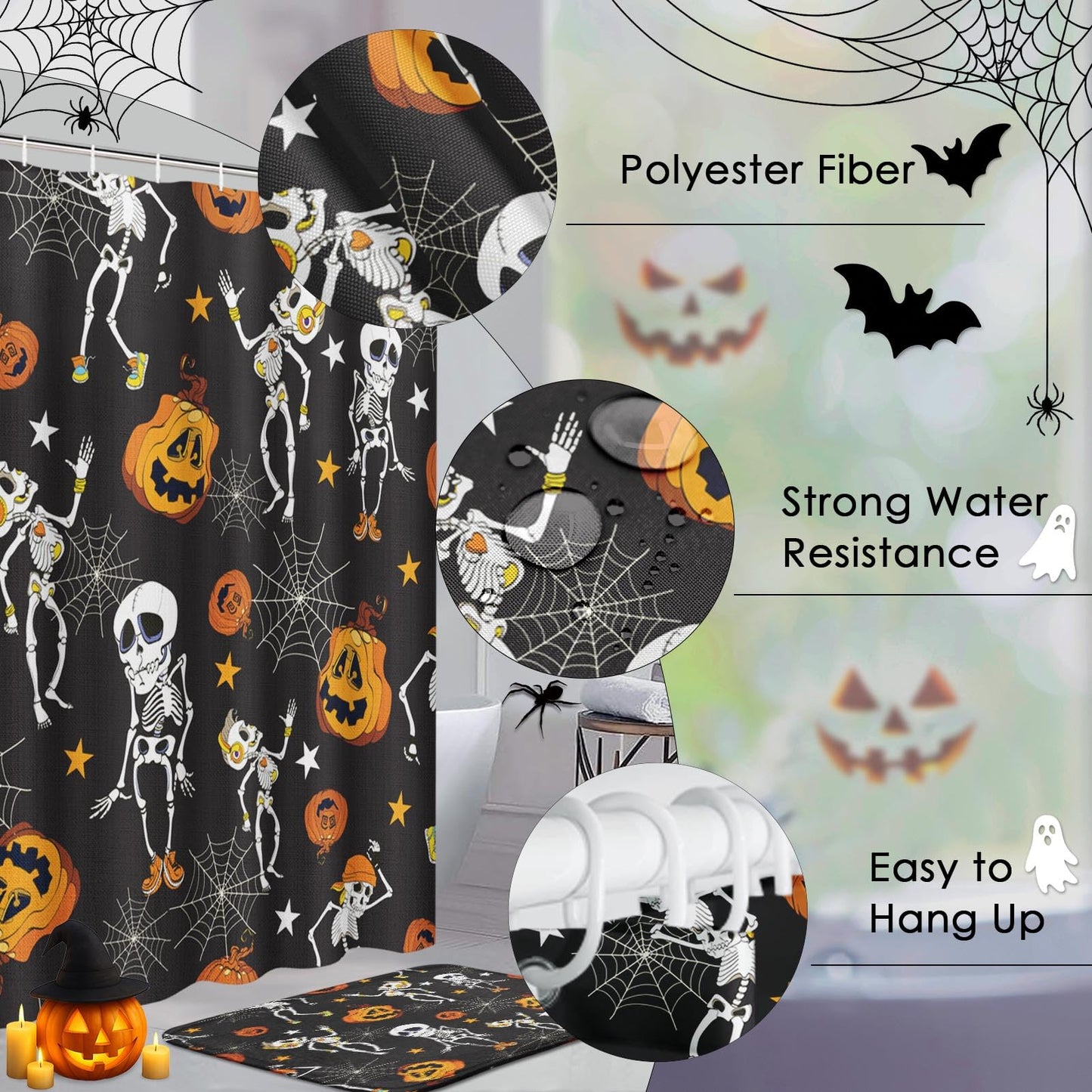 Tayney Haloween Pumpkins Shower Curtain Set with Toilet Lid Cover and Non-Slip Rugs, Dancing Halloween Skeletons and Pumpkins 4 Pcs Shower Curtains for Bathroom, Holiday Funny Bathroom Decor