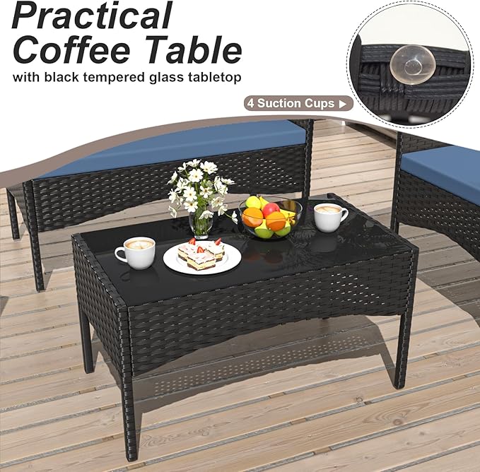 ASJMR 4 Piece Patio Rattan Conversation Set, Outdoor Rattan Chair Wicker Furniture Set, Couple Seats and Tempered Glass Table,Comfort Seat for Patio, Pool or Backyard