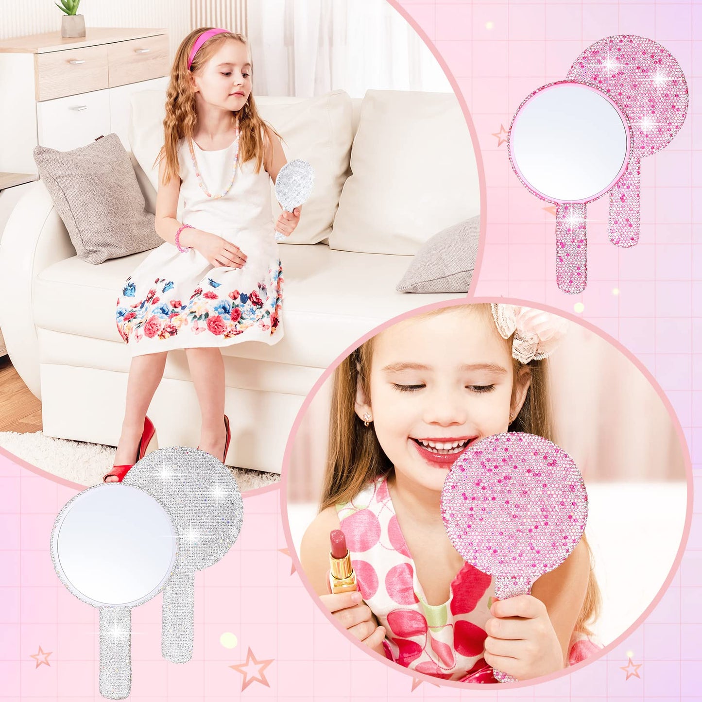 Bucherry 2 Pcs Rhinestone Hand Mirror Wedding Bling Hand Held Makeup Mirrors Adorable Dazzling Cosmetic Portable Decorative Pers