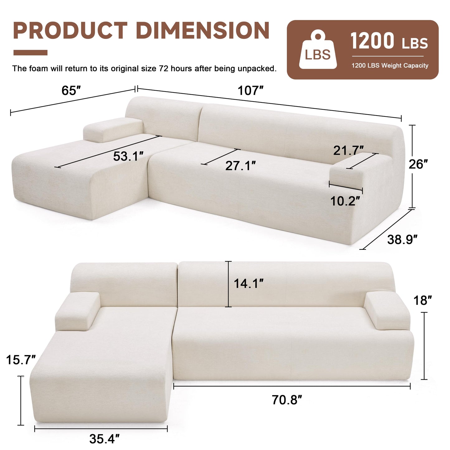 Huatean Home 107" Modular Sectional Sofa, Sponge Sofa for Living Room, High Density Sponges Cloud Couch,Modular L-Shape Sofa Couch with Chaise, (Beige)