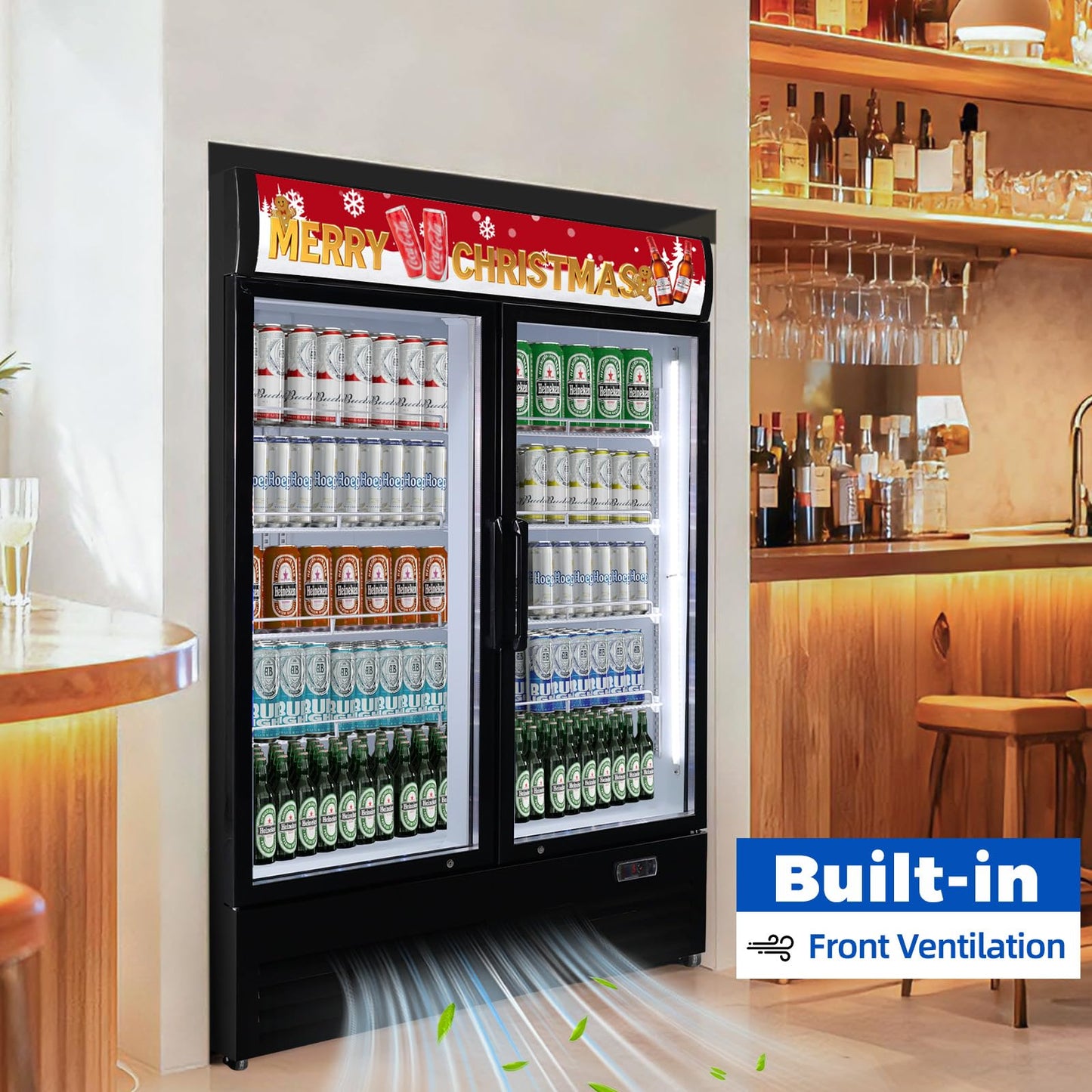 Bluelinecool 36 cu.ft Commercial Refrigerators with 2 Glass Door, Beverage Fridge with LED Light Display Upright Merchandiser, Drink Cooler with 8 Adjustable Shelves Black ETL Approved