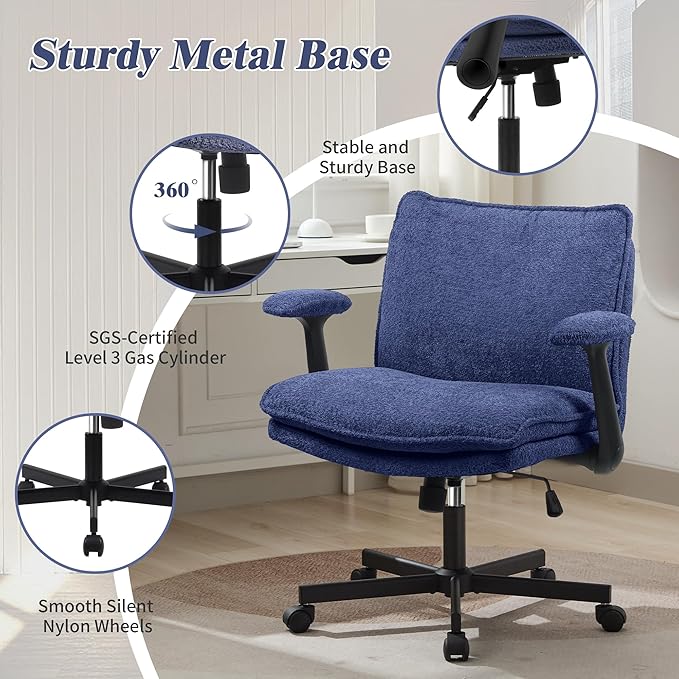 Kassipo Criss Cross Legged Office Chair with Wheels and Flip-Up Arms, Upholstered Criss Cross Desk Chair, Wide Seat Chairs for Home Office, Vanity, Apartment, Navy Blue