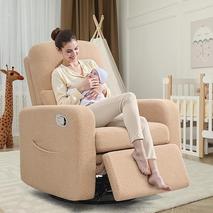 AEMEIOS Swivel Rocker Recliner, Oversized Manual Boucle Nursery Glider Rocking Recliner Chair with Removable Cushion, Upholstered Swivel Reclining Chair for Nursery Living Room Bedroom,Teddy Camel