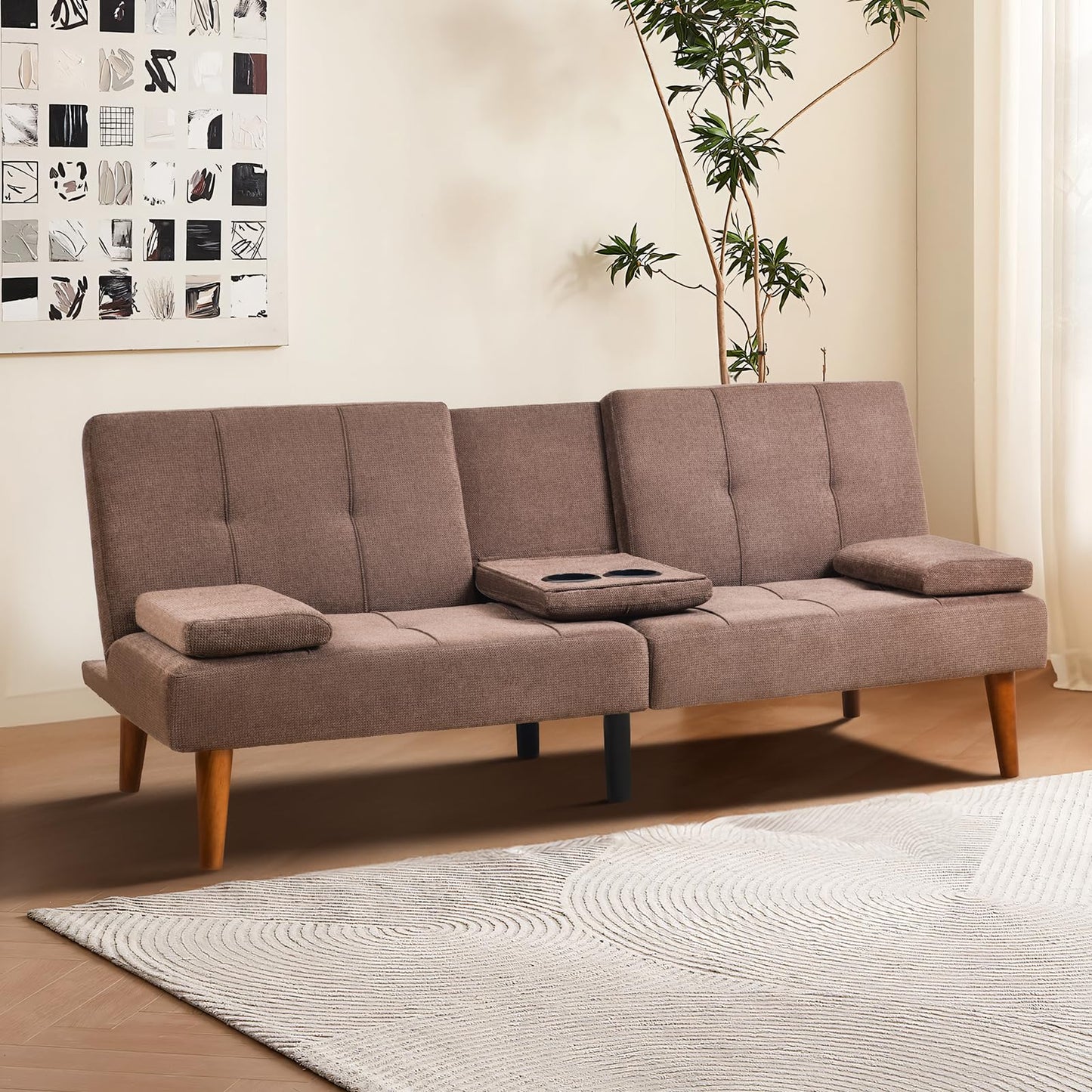 COLAMY Futon Sofa Bed-Fabric Small Couch, Lounge Convertible with 2 Cup Holders, Removable Soft Armrest, Adjustable Backrest for Dorm/Bedroom/College