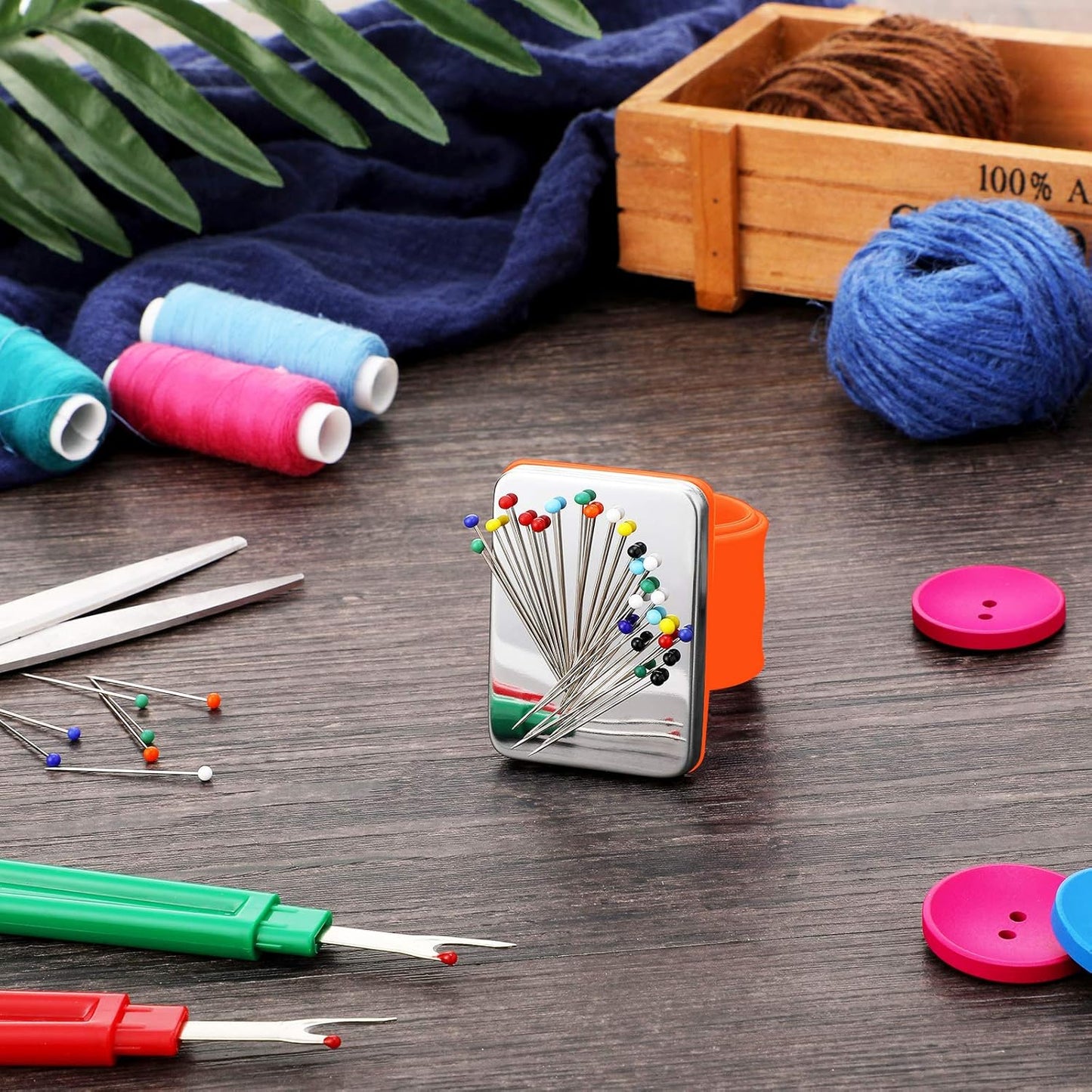 WILLBOND Magnetic Wrist Sewing Pincushion Wrist Magnetic Pin Holder Wristband Pin Cushion Holder with 3 Pcs Stainless Steel Pintail Comb Rat Tail Comb for Hair Clips Hand Sewing(Orange)