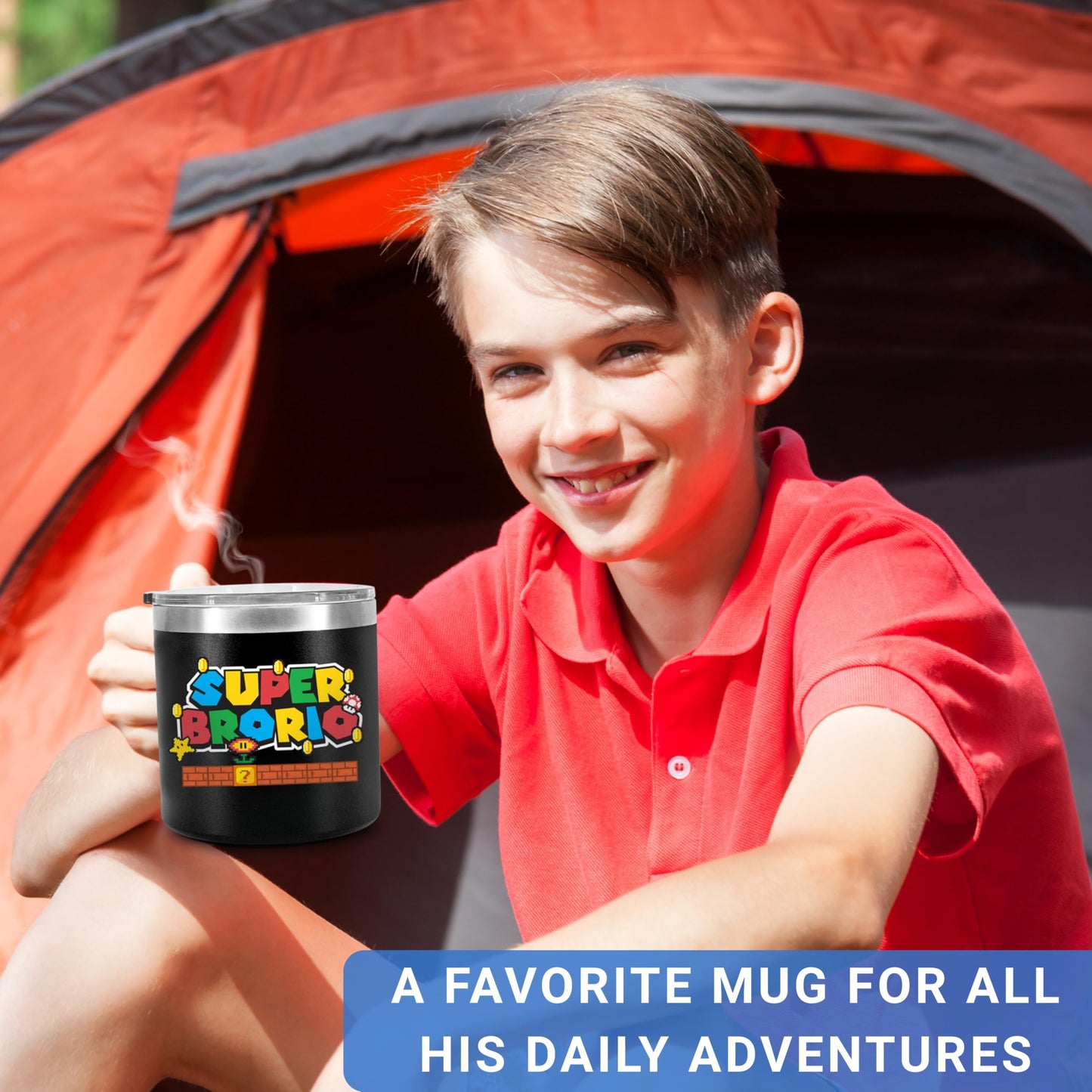 CHUSUKASU Gifts for Brother from Sister, Funny Birthday Present, Big Brother Gifts for Boy, Cool Ideas for Adult Older Bros, Super Brorio Mug Tumbler 14Oz - Insulated Coffee Cup with Lid and Gift Box