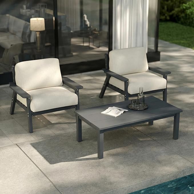 Patio Kingdom Patio Furniture Set with Washable Thick Beige Cushions, HDPE Outdoor Couch, All-Weather Outdoor Sectional Furniture, Patio Conversation Sets for Lawn, Garden, Porch (Grey Frame)