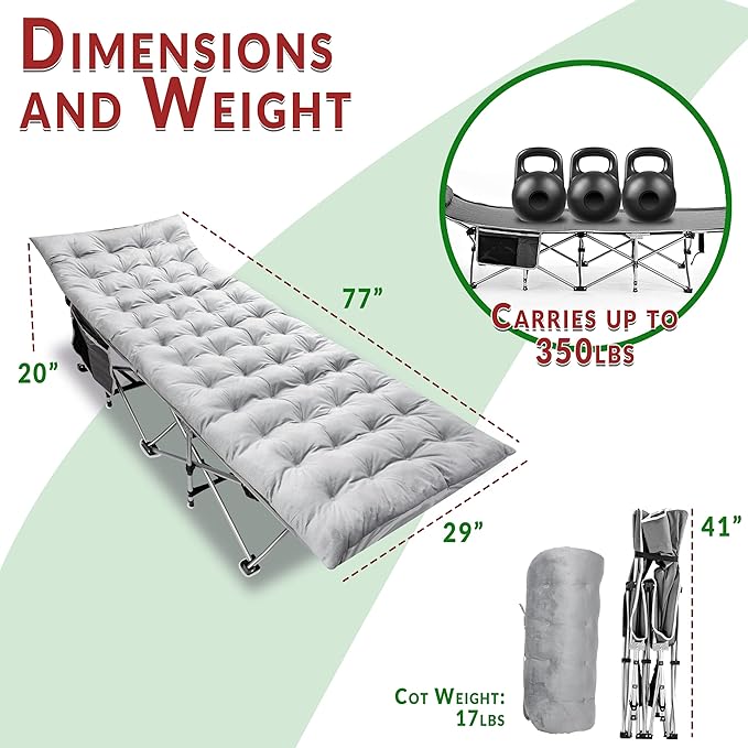 Zento Camping Cot and Mattress Folding Outdoor Travel Bed 2 Pack - Heavy Duty Max Load 450 LBS Premium Quality Cot Bed with Pad for Comfort Sleeping for Travel Home and Anytime Use