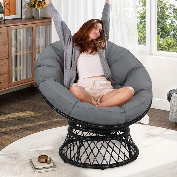 40" Ergonomic Wicker Papasan Chair, 360° Swivel Indoor Outdoor Rattan Chair with Soft Thick Cushion, Ideal for Living Room, Bedroom, Reading Room, Black Frame with Dark Grey Cushion