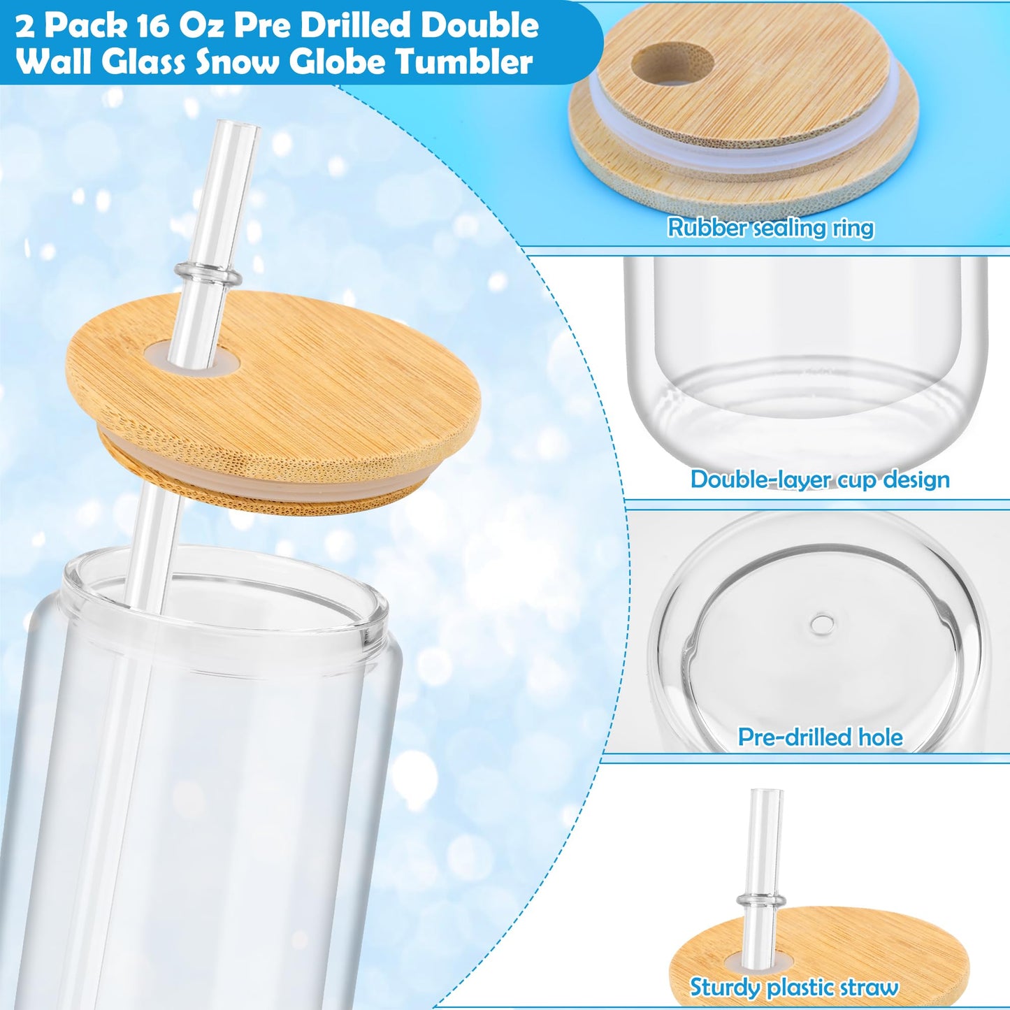 7 PCS Snow Globe Tumbler Supplies, Anglecai Snow Globe Cup DIY Tool for Glitter Snow Globe Kit with 2P 16oz Pre Drilled Double Wall Cup, Squeeze Bottle, 2P Funnel, Tweezer, Bent Syringe