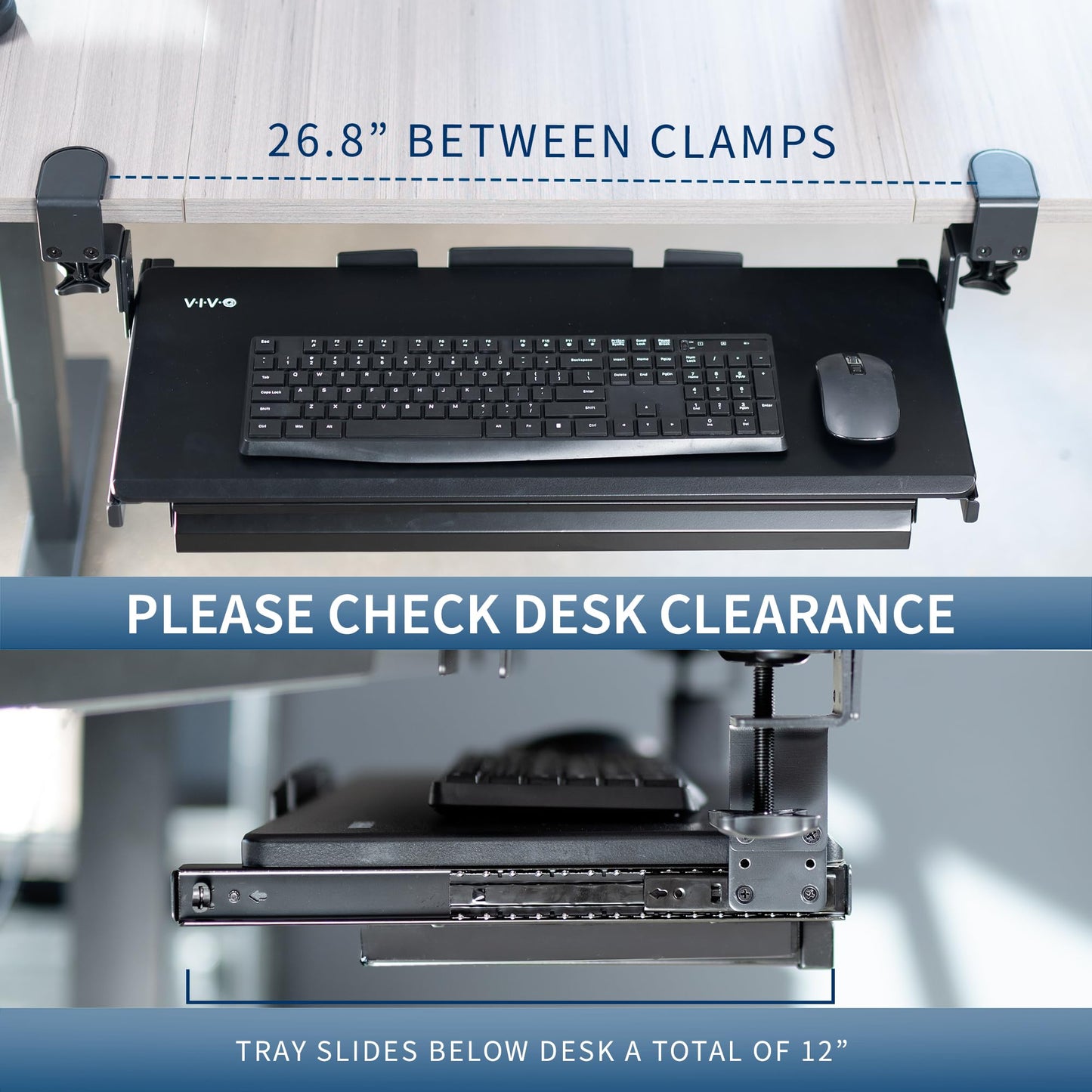 VIVO Large Height Adjustable Clamp-on Keyboard Tray, Extra Sturdy Pull Out Platform with Storage Drawer, 27 (33 Including Clamps) x 11 inch Slide-Out Tray with Organizer, Black, MOUNT-KB05HB-DR