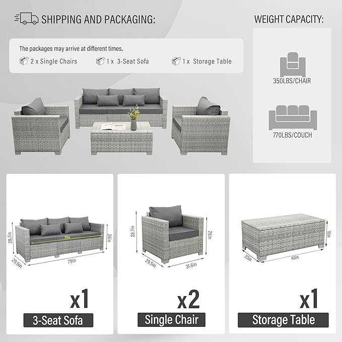WAROOM Patio Furniture Set 4 Piece Wicker Conversation Sets PE Rattan Chair Outdoor Couch Sectional Sofa with Storage Table, Grey Cushion