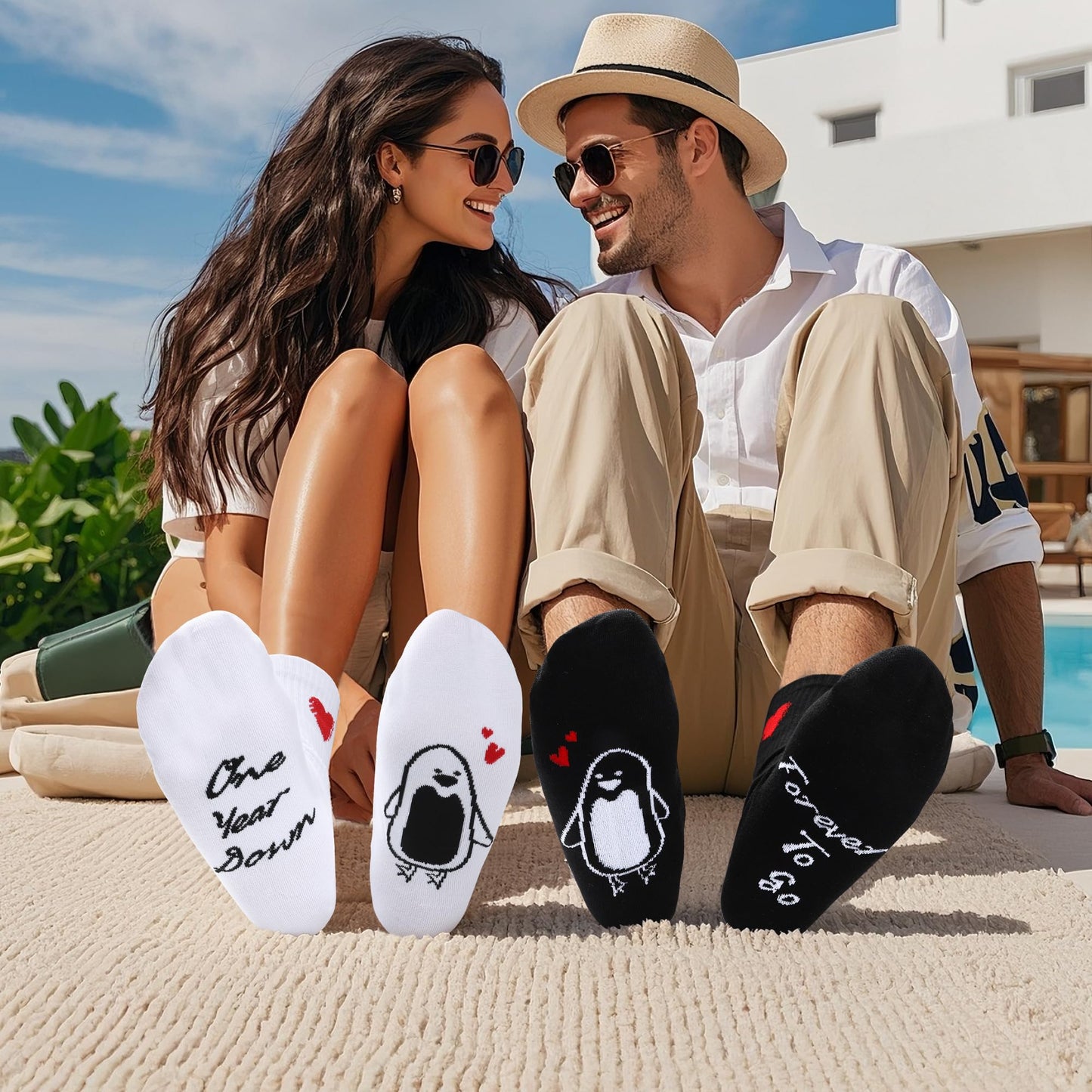 EcoUtens 1 Year Anniversary Romantic Gifts Set – 2 Pairs of Penguin Couple Socks with 1st Anniversary Card & Gift Box for Couples, Him, Her, Husband, Wife, 1 Year Wedding Anniversary