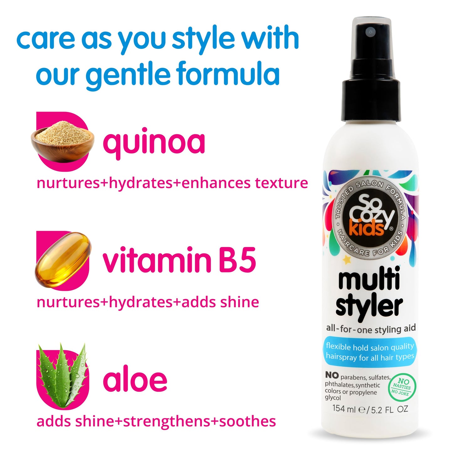 SoCozy Multi Styler, Styling Hair Spray for Kids, Safe for Everyday Use (5.2 Fl Oz) Holds Like a Light Gel, Gentle Formula with