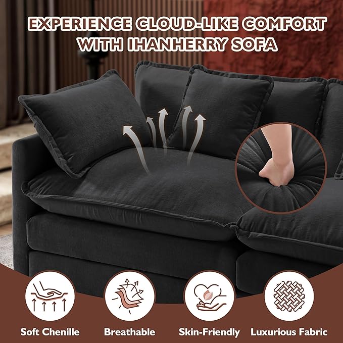 Ihanherry U-Shaped Modern Sofa 146" Modular Sectional Cloud Couch with 2 Ottoman, 6-Seat Chenille Deep Seat Sofa with 6 Pillows for Living Room, Black