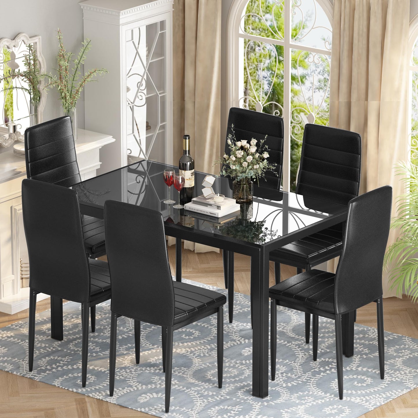 DKLGG 7-Piece Dining Table Set for 6, Tempered Glass Kitchen Table with PU Leather Chairs, Modern Dining Room Table Set for Small Space, Dinette, Apartment, Black