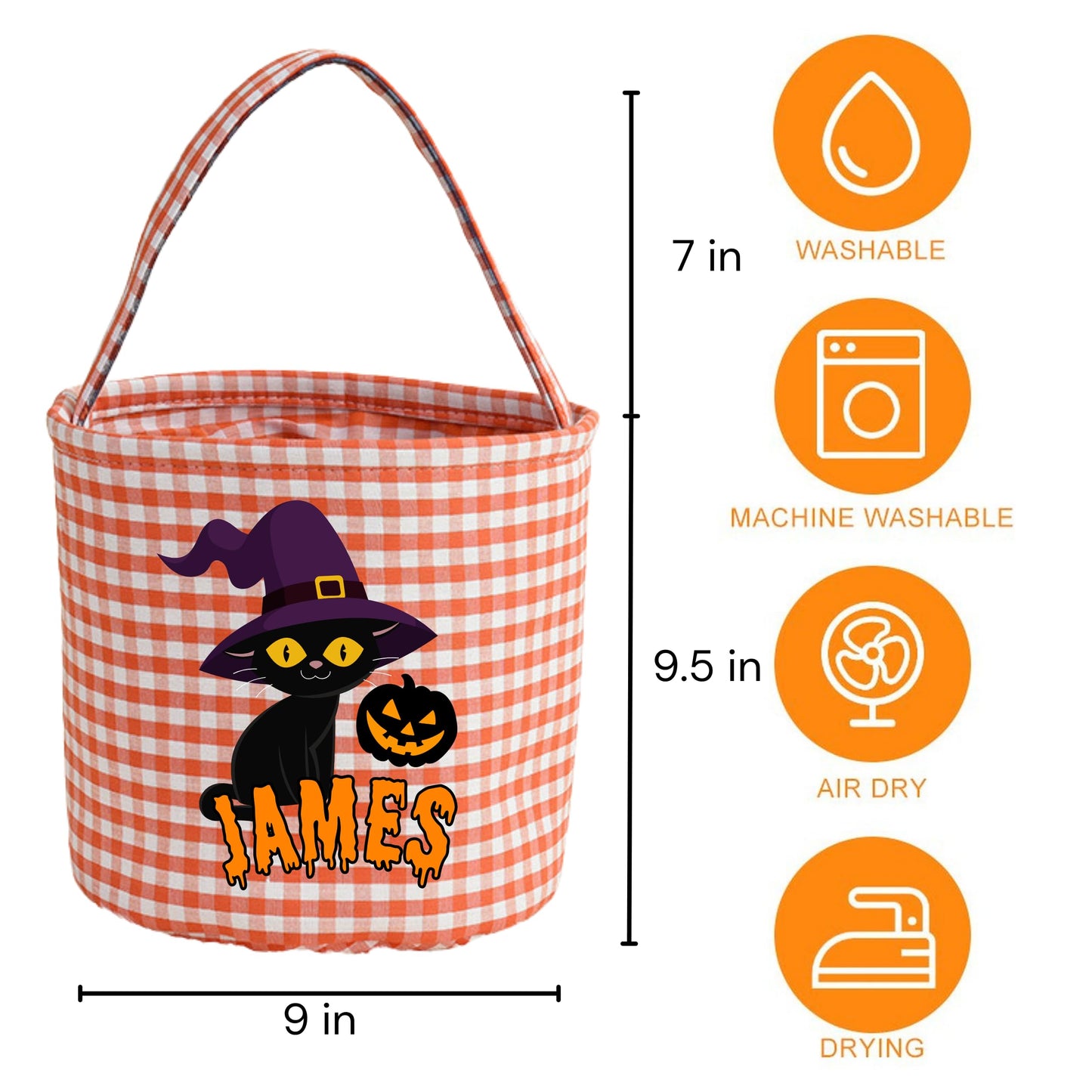 Personalized Halloween Basket,Trick or Treat Basket with Name,Custom Gingham Bag, Halloween Bucket Tote, Ghost Design Trick or Treat Bucket for Kids