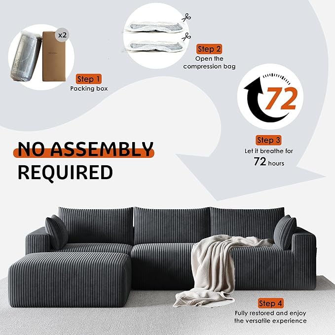 Domiqut 108" Cloud Couch Modular Sectional Sofa for Living Room,L-Shaped Boneless Couch with Deep Seat Chaise,No Assembly Required Foam Sleeper Sofa for Apartments,Plush Corduroy Fabric, Dark Gray