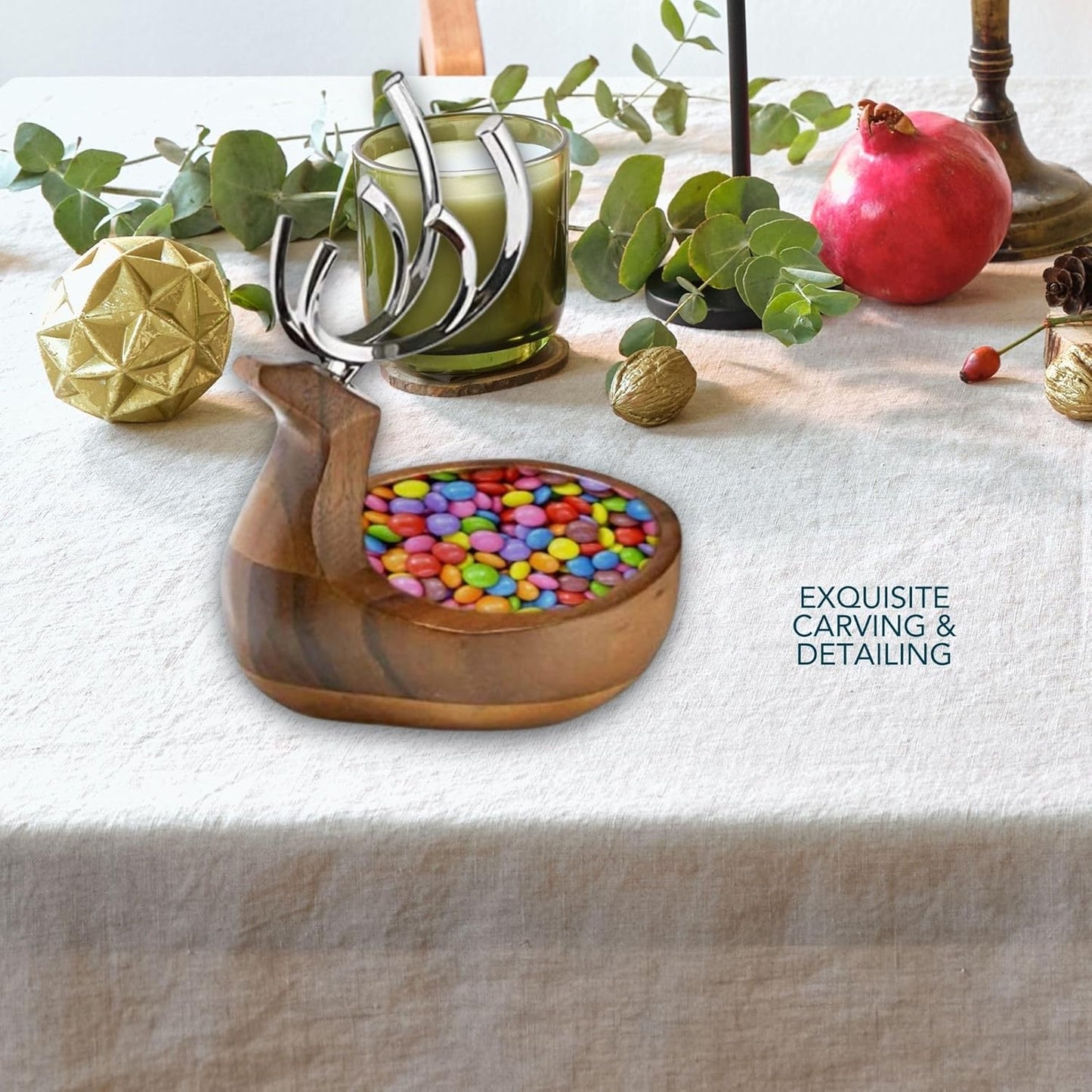 Nambe Holiday Reindeer Bowl – Decorative Candy Dish and Seasonal Table Accent with Removable Antlers, Festive Coffee Table or Dining Display, Alloy and Acacia Wood Collectible for Christmas Hosting