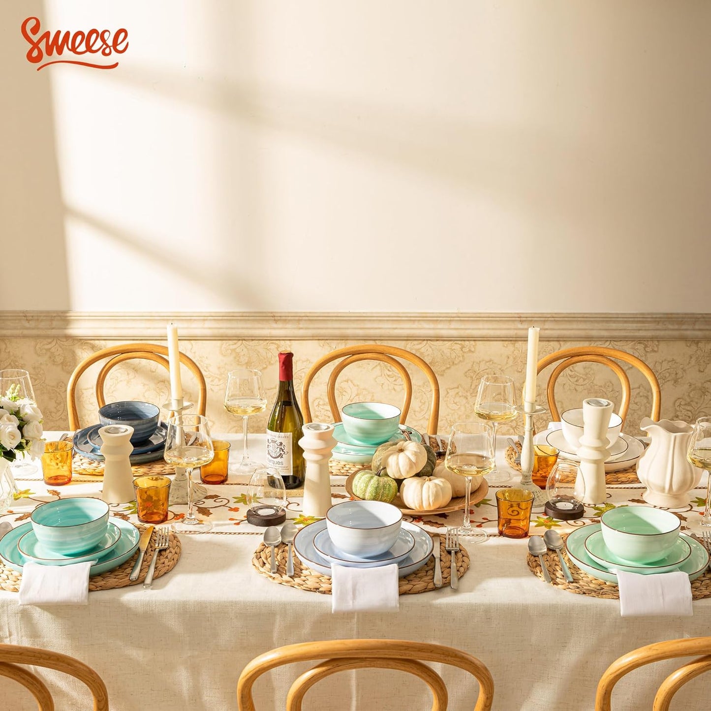 Sweese Plates and Bowls Sets, 18 Piece Dinnerware Set Porcelain Round Dinner Set for 6, Scratch Resistant Dishes Set, Dishwasher and Oven Microwave Safe Handpainted Swirl Dishware Sets, Assorted Blue