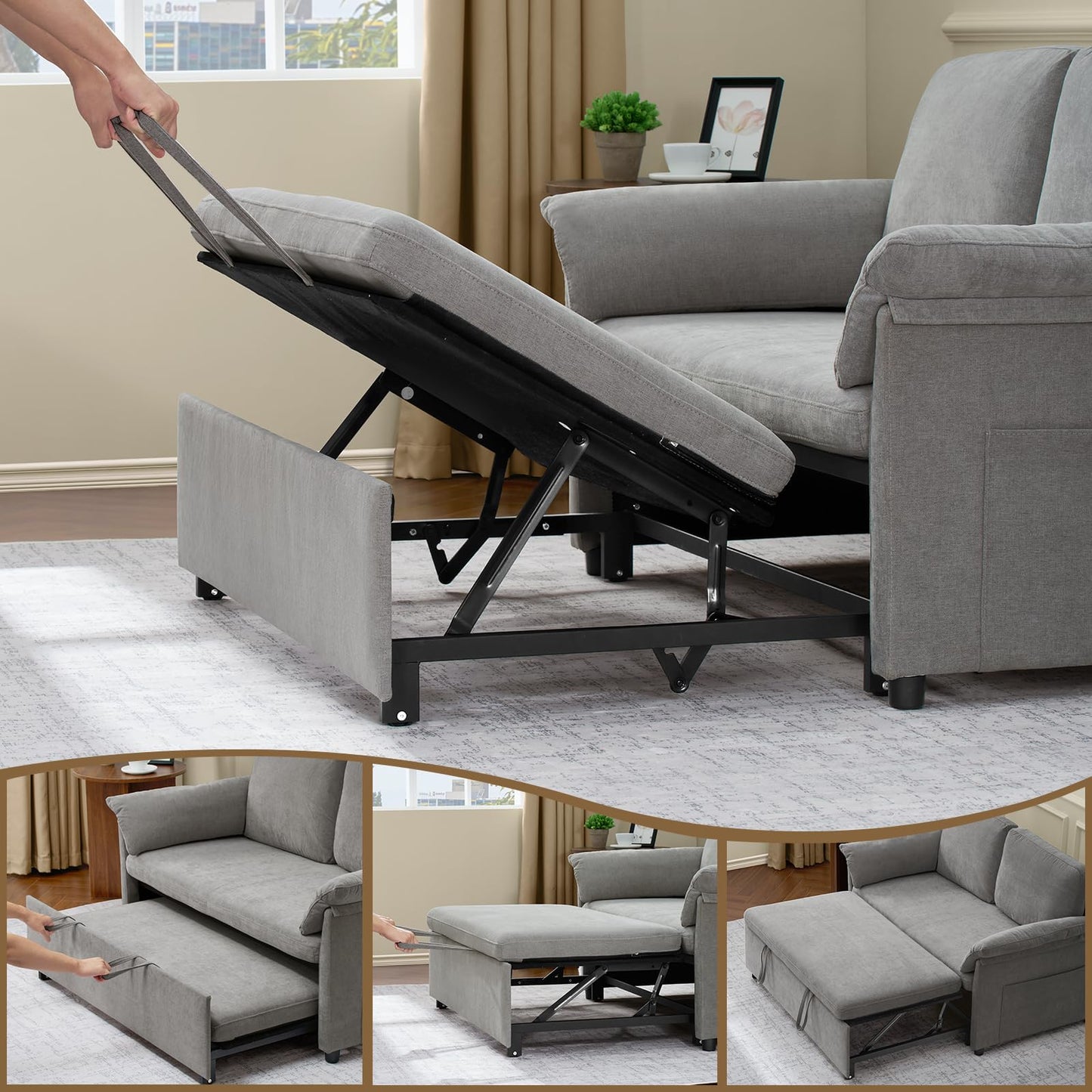 ONBRILL 3 in 1 Pull Out Couch, 59 Inch Convertible Sleeper Sofa Bed,Chenille Sofa Bed w/Adjustable Backrest, Side Pockets, Small Couches for Living Room, Bedroom, Grey