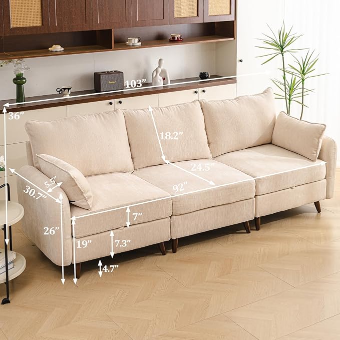 Rexulqo 104'' Modular Sectional Sofa with All Seats Storage,Oversized 3-Seater Comfy Cloud Couches with 7.8'' Thick Cushion,24.5'' Deep Seat,Big Couch for Living Room,Bedroom,Velet,Cream