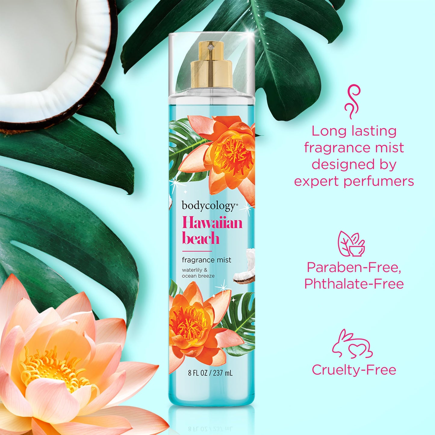 Bodycology Long-Lasting Fragrance Body Mist, Hawaiian Beach, 8 fl oz (Pack of 2)